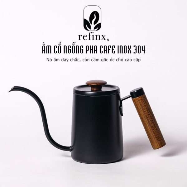 Ấm cổ ngỗng rót nước pha cafe chuyên dụng màu sơn đen cán gỗ sang trọng