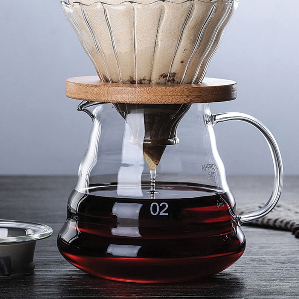 Bình chia cafe Pour over thuỷ tinh chịu nhiệt cao cấp có vạch đo nước và nắp đậy